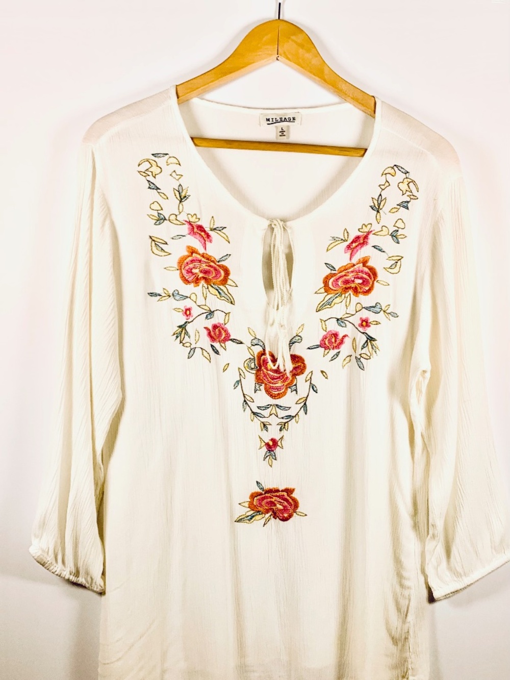 Mileage boho folk floral embroidered peasant blouse white red tassel tie neck